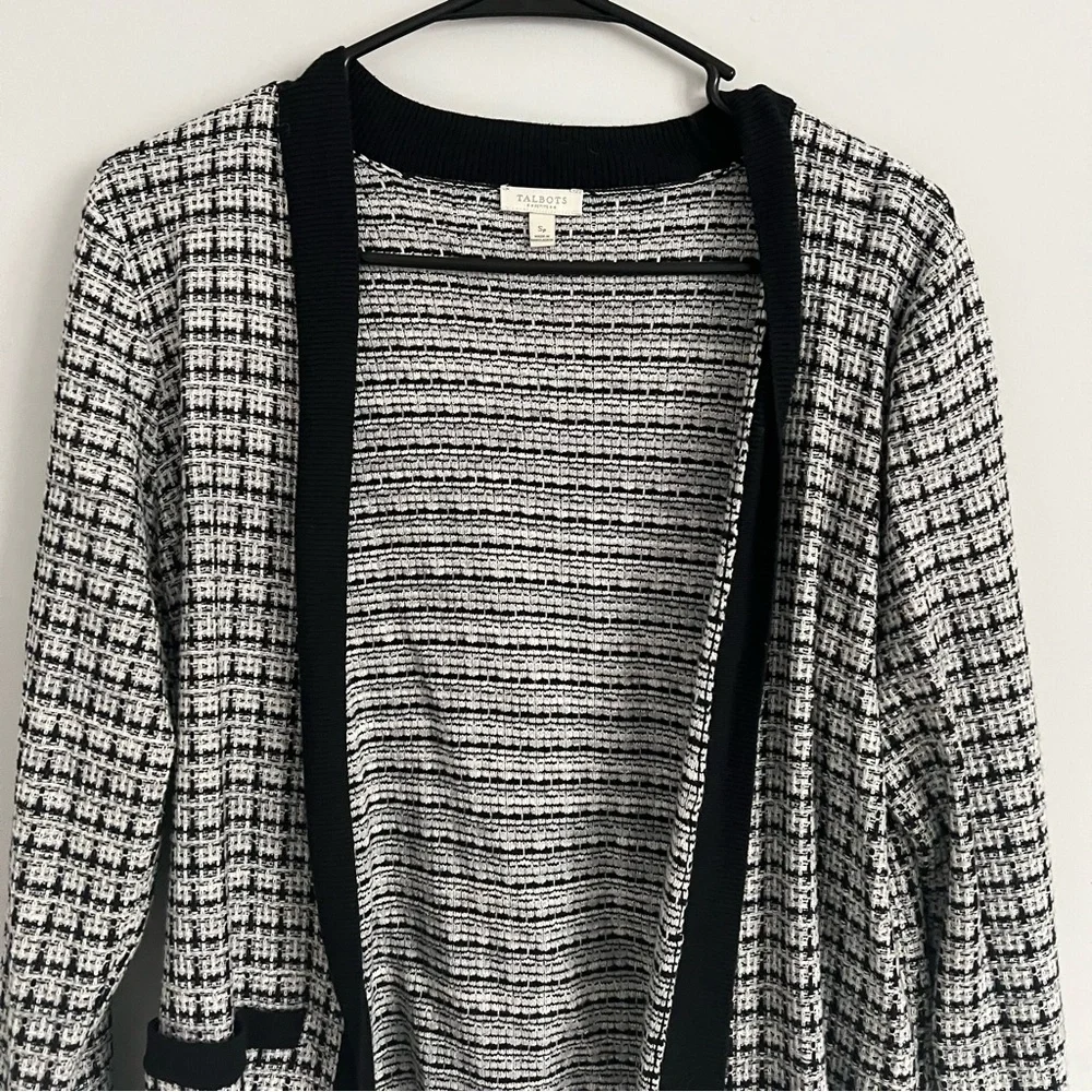 Talbots Black and White Tweed Print Knit Open Front Cardigan